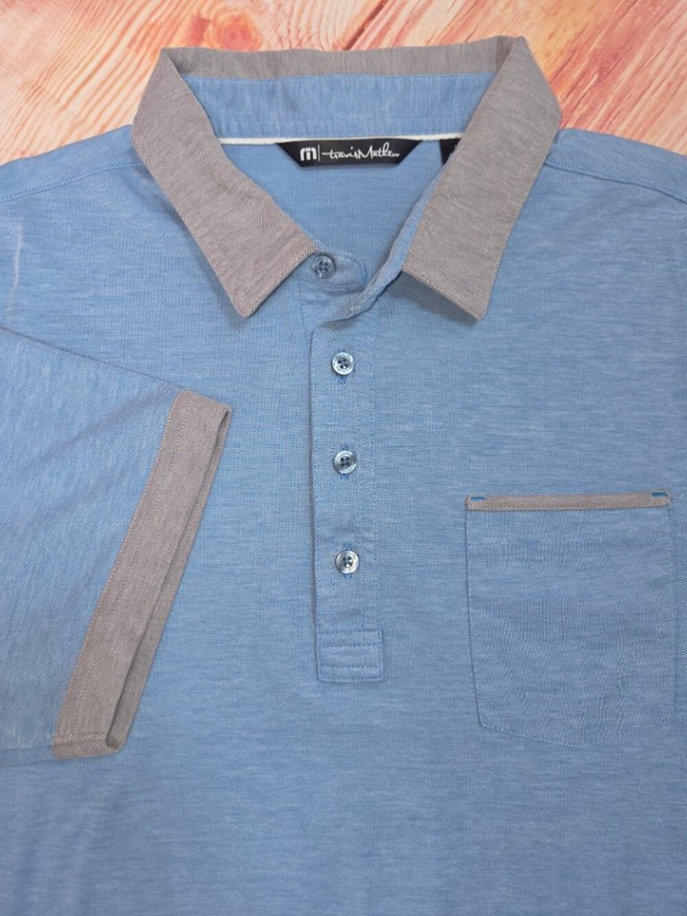 Travis Mathew Mens Blue Polo Size Large Gray Contrast Trim